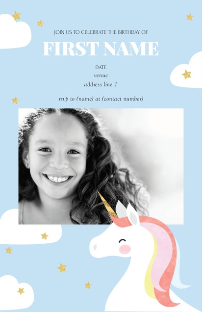 A unicorn party invitation unicorn birthday white design for 5-8 with 1 uploads