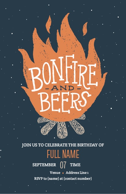 A bonfire and beers invitation fire black brown design for Birthday