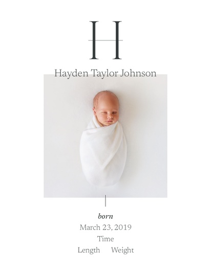 A simple initial cream white design for Birth Announcements with 1 uploads