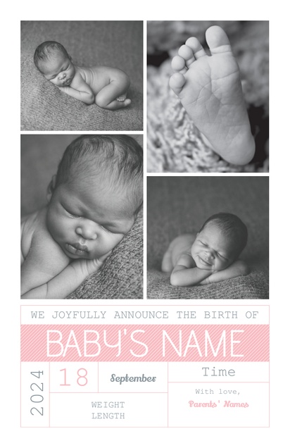A 3 photos birth announcement pink gray design for Traditional & Classic with 4 uploads