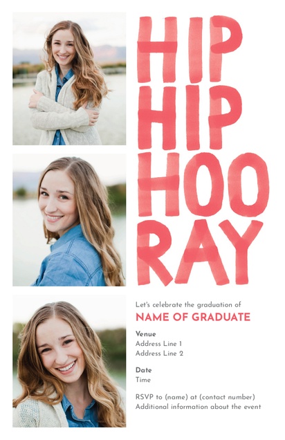 A coral purple white pink design for Graduation Announcements with 3 uploads