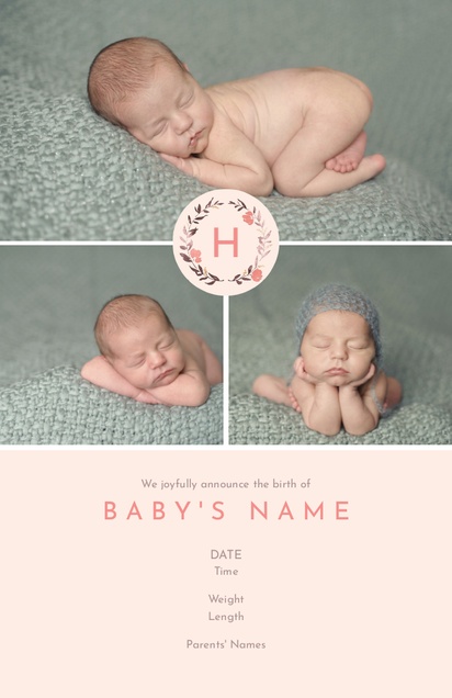 A birth announcement botanicals white pink design for Girl with 3 uploads