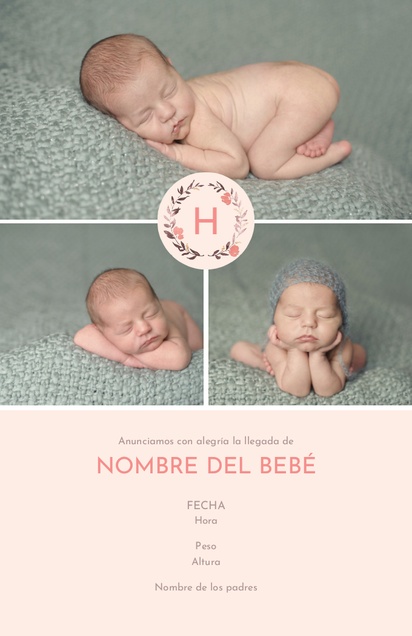 Un anuncio de nacimiento botánicos diseño blanco rosa para Niña con 3 imágenes