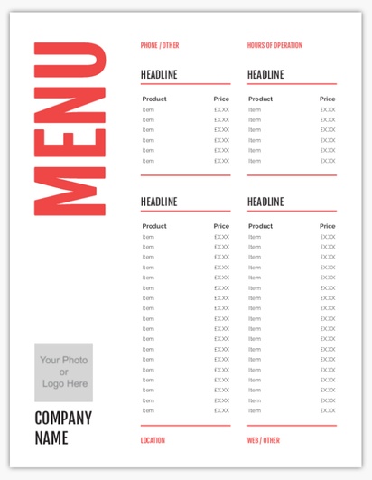 Design Preview for Design Gallery: Menus Menu Cards, Single Page Menu