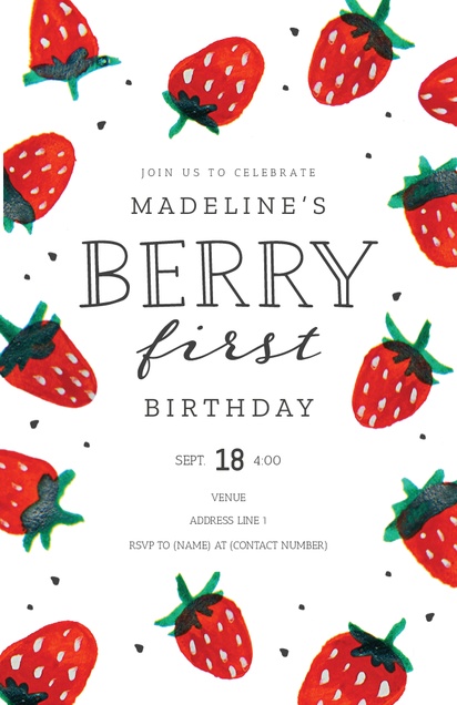 A first birthday invitation berry first birthday white red design for Child Birthday