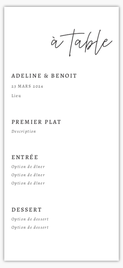 Aperçu du graphisme pour Galerie de modèles : Cartes de menu de mariage, Minimal, 4" x 8" Flat