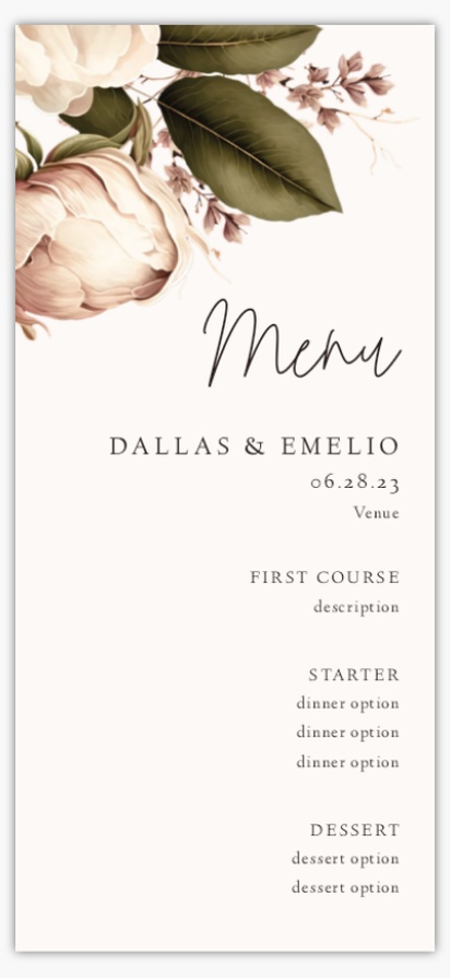 Design Preview for Design Gallery: Floral Wedding Menu Cards, 4" x 8" Flat