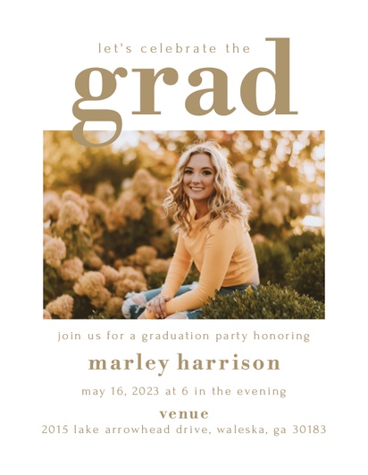 A white and gold classic cream design for Graduation with 1 uploads