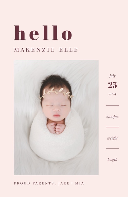 A birth announcement simple white pink design for Girl with 1 uploads