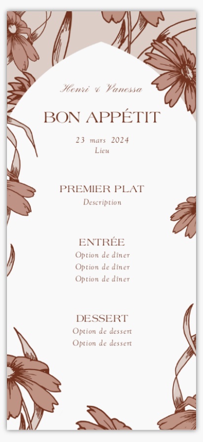 Aperçu du graphisme pour Galerie de modèles : Cartes de menu de mariage, Fleurs, 4" x 8" Flat
