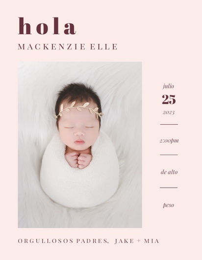 Un hola hola bebé diseño blanco rosa para Comunicados de nacimiento con 1 imágenes
