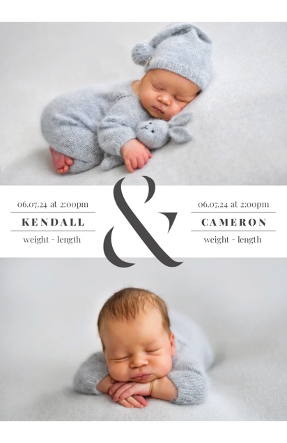 A twins twins birth announcement white gray design for Type with 2 uploads