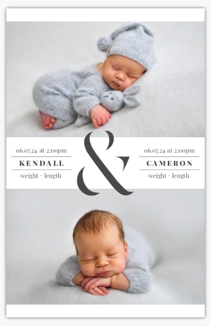 A twins twins birth announcement white gray design for Type with 2 uploads