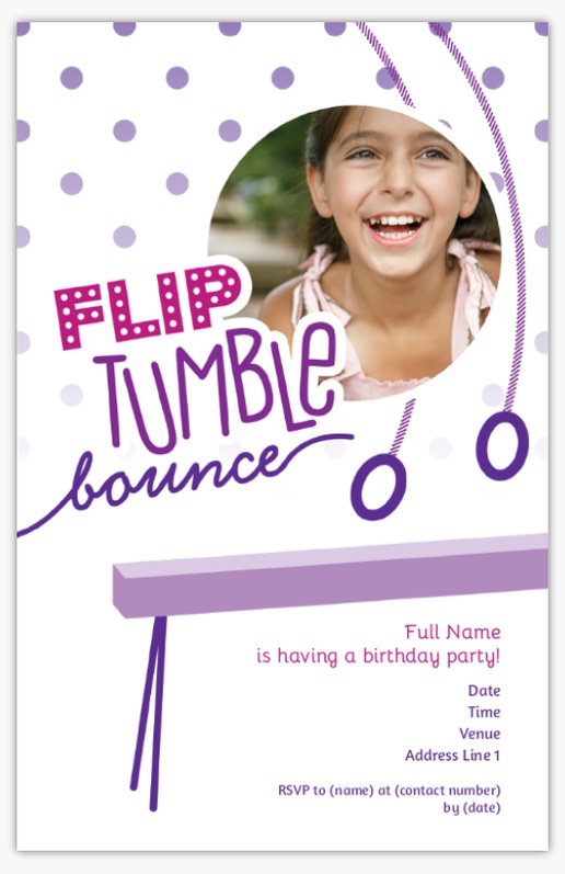 A 1 image gymnastics party white purple design for Age with 1 uploads