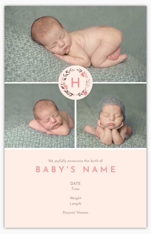 A birth announcement botanicals white pink design for Girl with 3 uploads