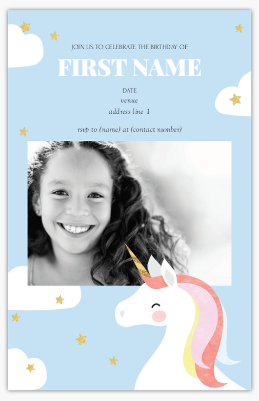 A unicorn party invitation unicorn birthday white blue design for 5-8 with 1 uploads