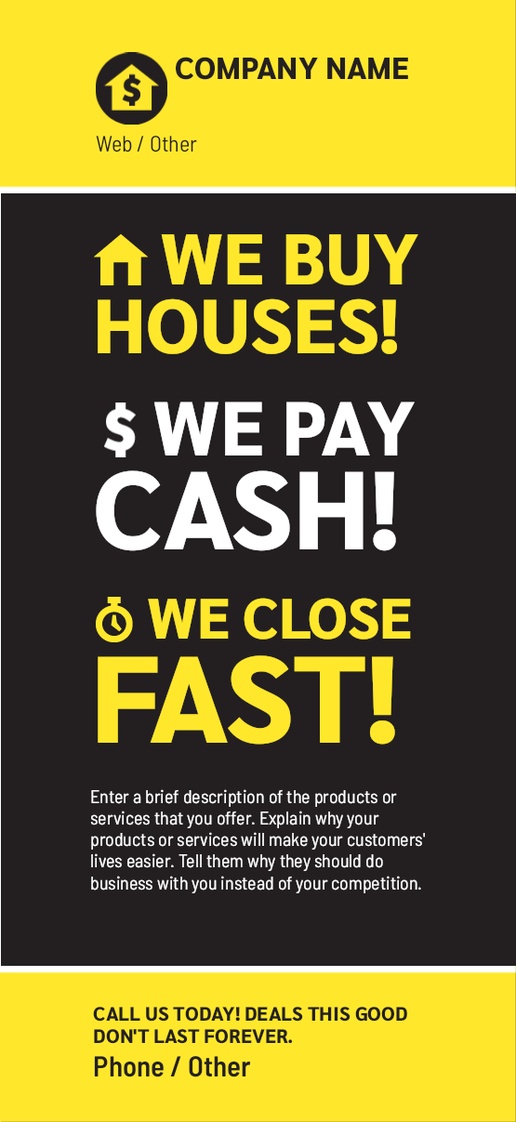 A we pay cash cash for homes black yellow design