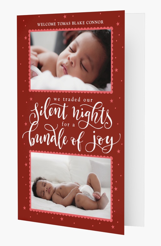 A baby announcement holiday card we traded our silent nights for a bundle of joy red pink design for Theme with 2 uploads