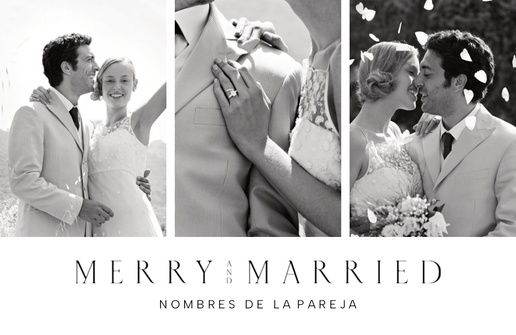 Un tarjeta de vacaciones de boda feliz y casado diseño crema blanco para Moderno y sencillo con 3 imágenes