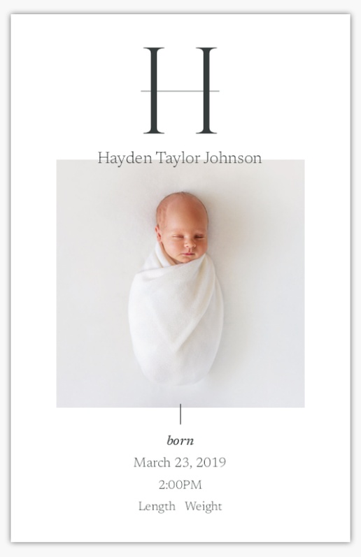 A minimal modern white gray design for Birth Announcements with 1 uploads