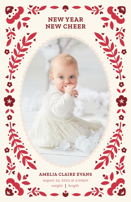 A holiday birth announcement folk white brown design for Floral with 1 uploads