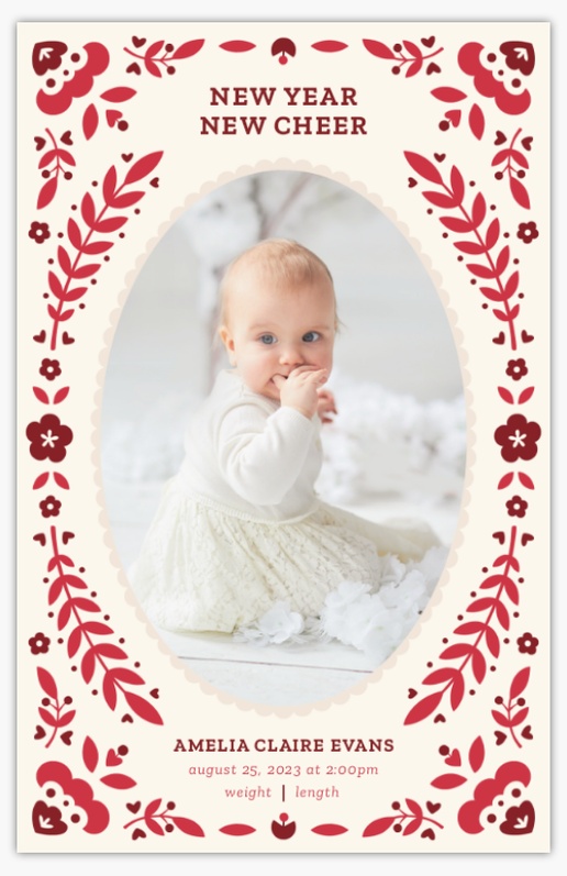 A holiday birth announcement folk white red design for Floral with 1 uploads