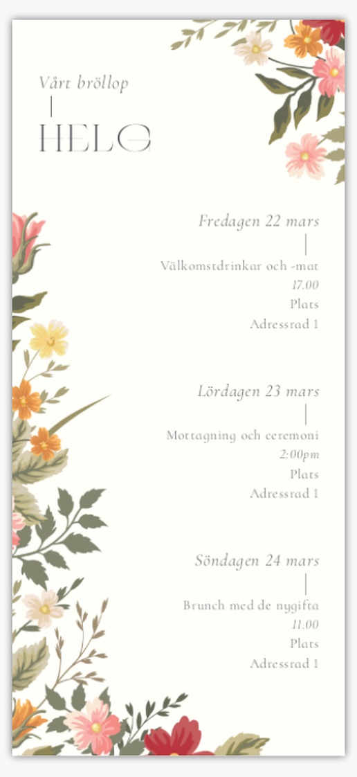 Förhandsgranskning av design för Designgalleri: Blommor Bröllopsprogram, 21 x 9.5 cm
