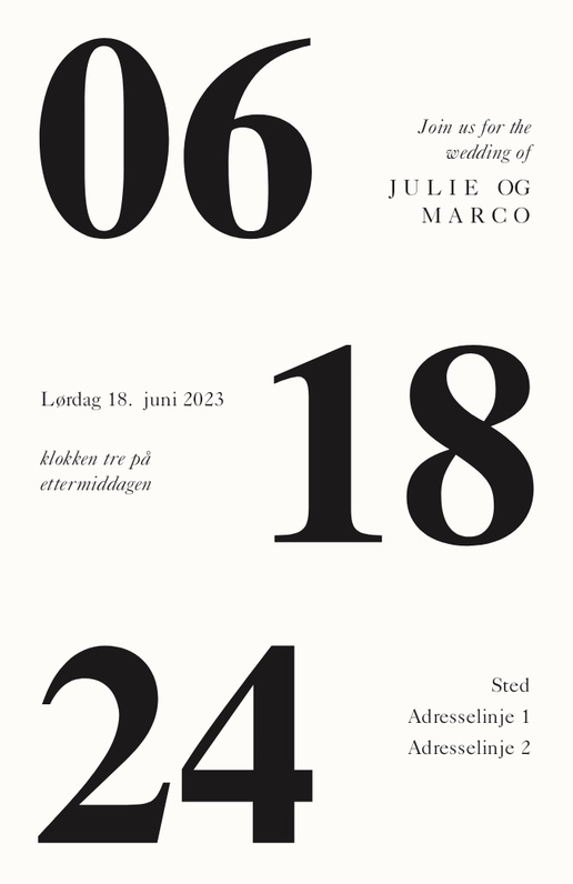 Forhåndsvisning av design for Designgalleri: Typografisk Bryllupsinvitasjoner, Ensidig 18.2 x 11.7 cm
