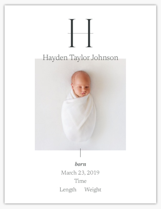 A simple initial white gray design for Birth Announcements with 1 uploads