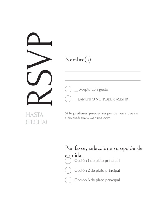 Un tarjeta rsvp en negrilla diseño blanco para Tradicional y Clásico