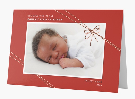 A bow baby announcement holiday card red white design for Theme with 1 uploads